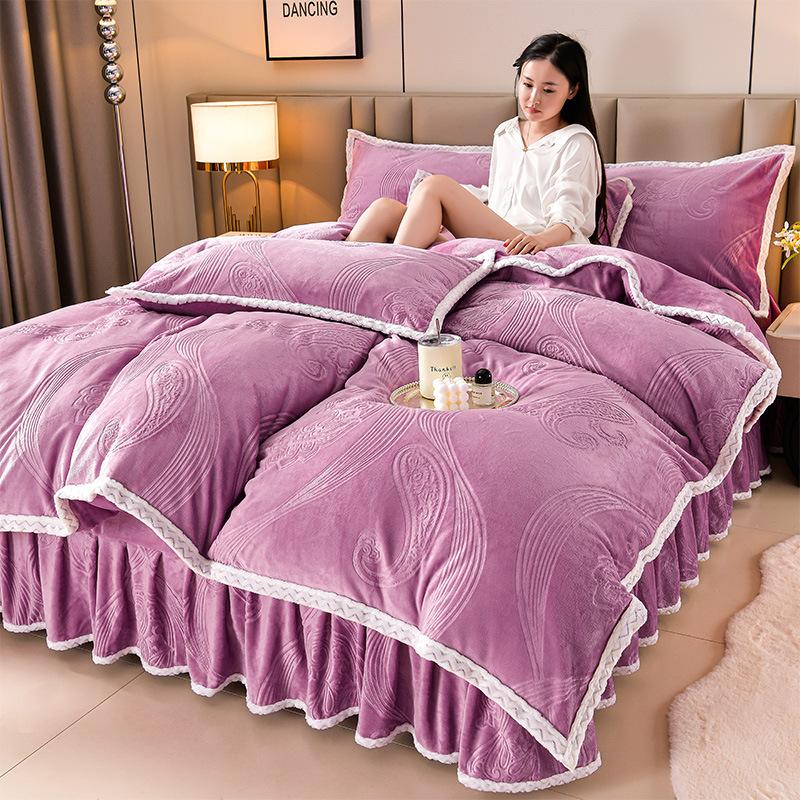 Class A Maternal And Infant Grade High-Gram Carved Fleece Milk Fleece Bed Skirt4-Pcs Set, Winter Double-Sided Fleece Quilt Cover