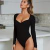 European and American Long Sleeved U-shaped V-neck Solid Color Versatile Sexy Inner Layer Slim Fit Jumpsuit for Women