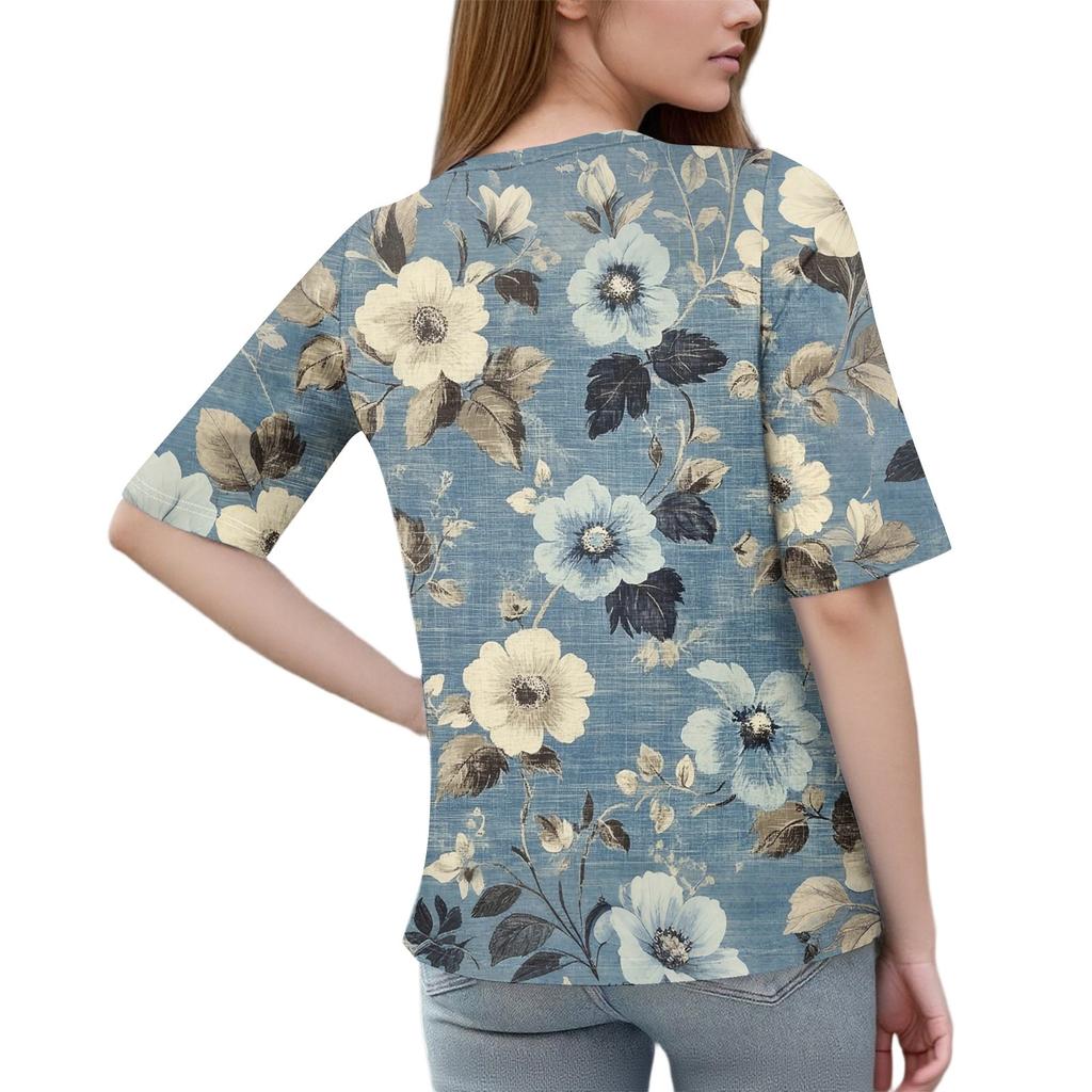 Dame Mote Trykket Rund Hals Knapp Halv Erm Løs Topp