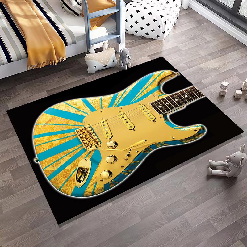 Golden Blue Guitar Design Rug Non-slip rug suitable for living room and bedroom sofas