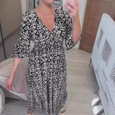 Kadın Yazlık Çiçekli Boho Elbise V Yaka Kısa Kollu Fırfırlı Çiçekli Midi Elbise Günlük Plaj Akıcı A Kesim Güneş Elbisesi
