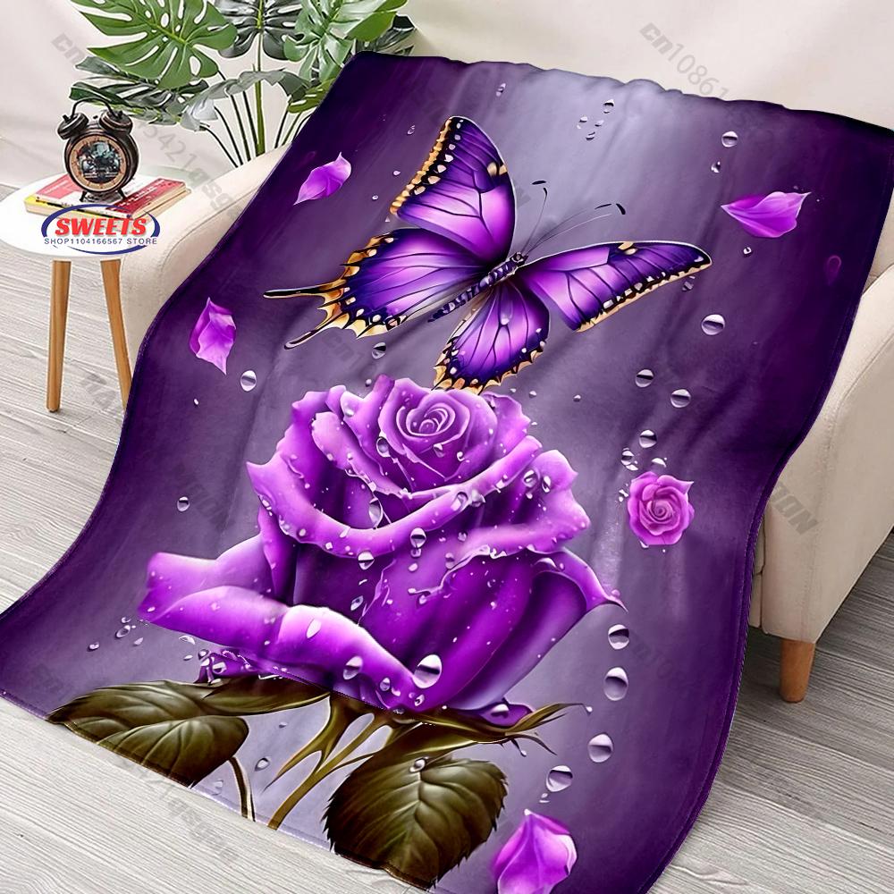 

Beautiful Purple Butterfly and Flower Printed Blanket Bedroom Living Room Sofa Chair Office Nap Shawl Blanket Great Holiday Gift 75x90cm