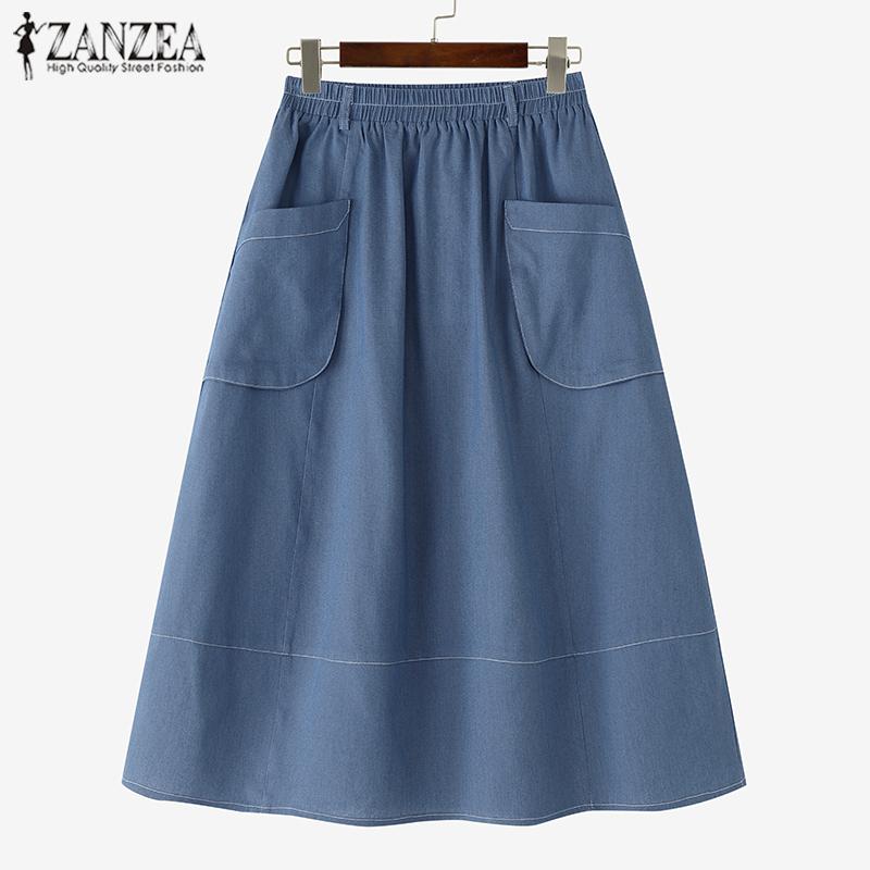 ZANZEA Women Casual Patch Pocket Elastic Waist Loose Skirt