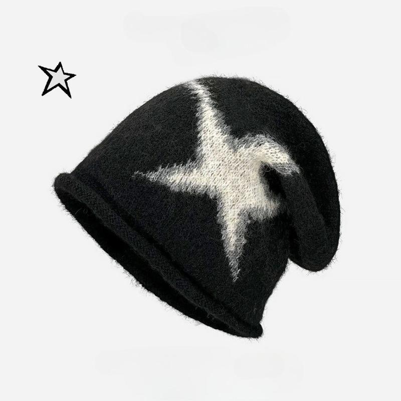 Korean Retro Pentagram Pulling Craft Beanies for Women Autumn Winter Fashion Warm Ear Protection Versatile Casual Pullover Hat