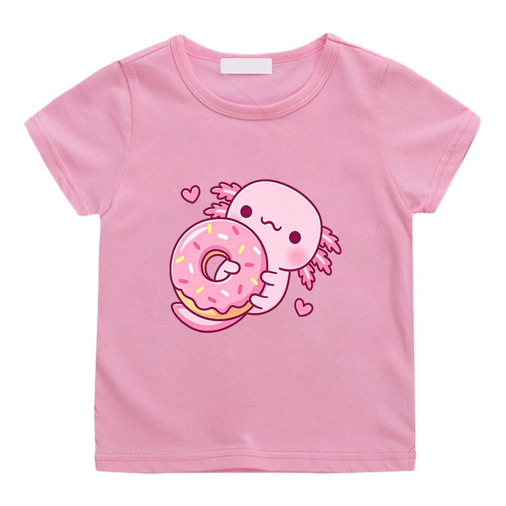 Cute Pink Axolotl Children's T-shirt Cartoon Print 100 %Cotton Tees Streetwear Boys Girls Short Sleeve Casual Kids Top Summer