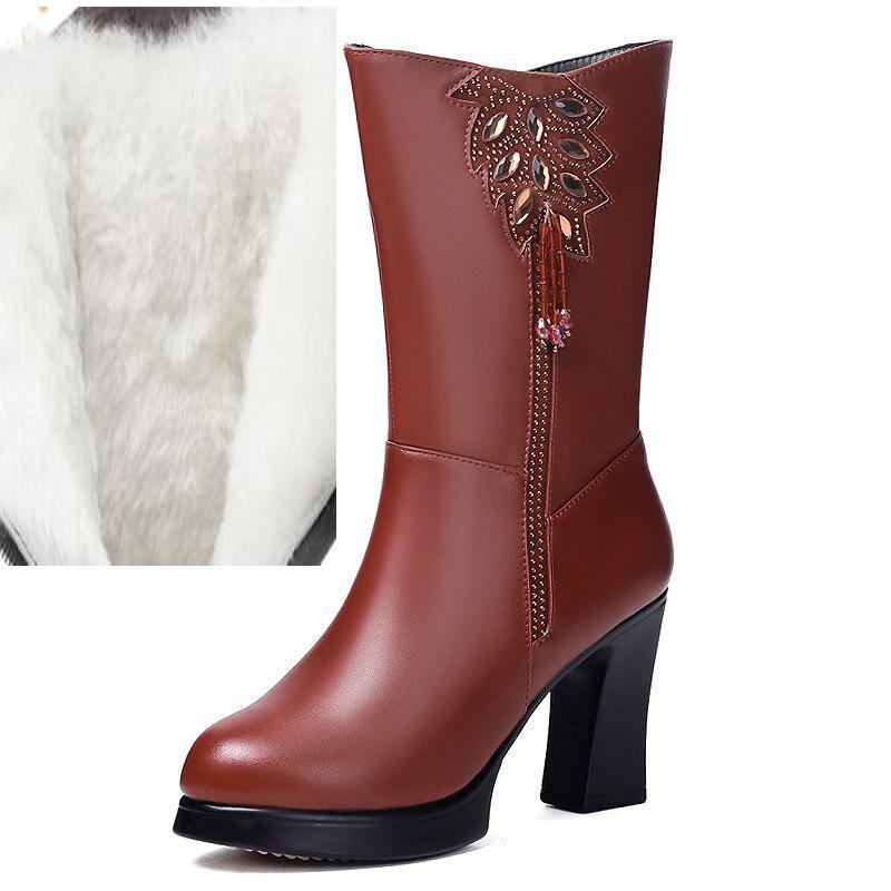 Bottes d'hiver chaudes en laine naturelle pour femmes, bottes à talons hauts, bottes de neige pour dames