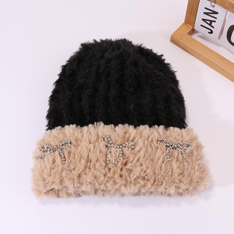 Autumn and Winter Warm Plush Hat for Women with Bow Knitted Hat Outdoor Cold Color Proof Pullover Hat Ear Protection Korean Cold Hat