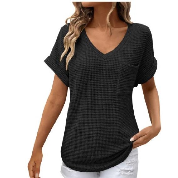 2026 Women s V-neck Summer Waffle Pocket Short Sleeve T-shirt S