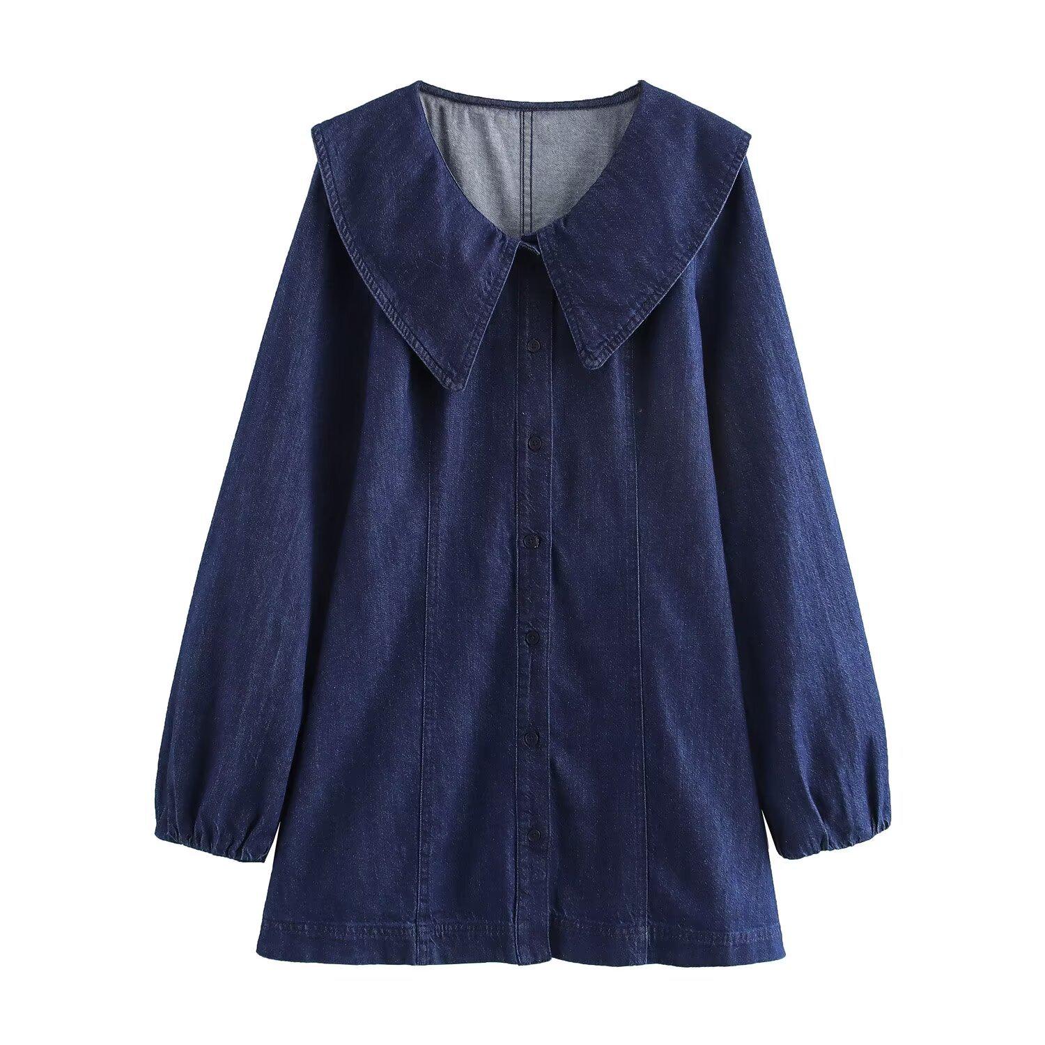 

Spring 2025 Women s Simple Doll Collar Long-Sleeved Denim Dress Medium синий