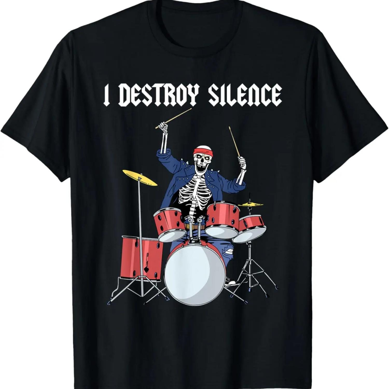Drummer T Shirts Men Rock Music Band I Destroy Silence Drums T-Shirt S