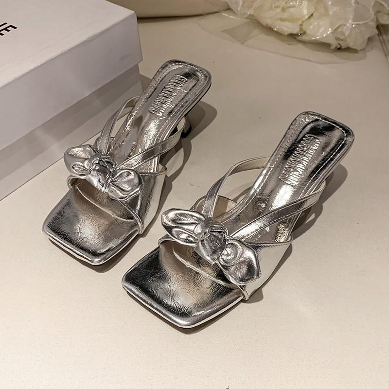 

Fashion Bow-shaped Leopard Print Flip-flops for Women To Wear As Outerwear in Summer 2025, New Square-toed Thin Heel Flip-flops 40 серебряный