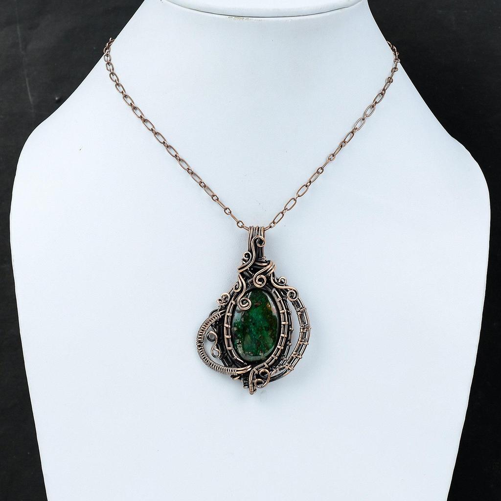 Pendentif Cuprite Chrysocolle Merveilleux Pendentif Pierre Précieuse Pendentif Enveloppé de Fil de Cuivre Pendentif Fait Main Bijou de Créateur en Cuivre Cadeau de Fiançailles