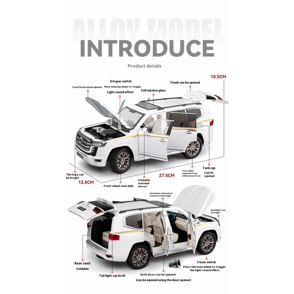 Model auta Toyota Land Cruiser z hliníkové slitiny v měřítku 1/18, Dětská hračka s autentickými zvuky a světly, Prémiový sběratelský kousek pro automobilové nadšence