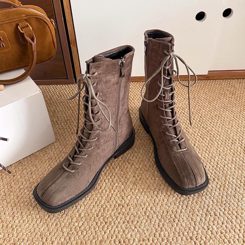 

Fashion Fashion Cross Lace Up Mid Calf Boots Women Autumn Winter Low Heels Faux Suede Boots Woman Zipper Square Toe Short Booties Mujer 40 хаки