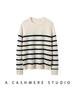 Women's Contrast Striped Cashmere Round Neck Knit Pullover Sweater