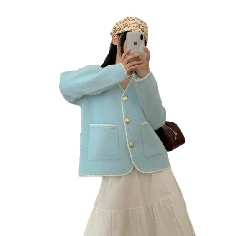 Small Fresh Imitation Mink Sweater Top Women's Long-sleeved Short Loose New Spring Autumn and Winter Knitted Cardigan Jacket