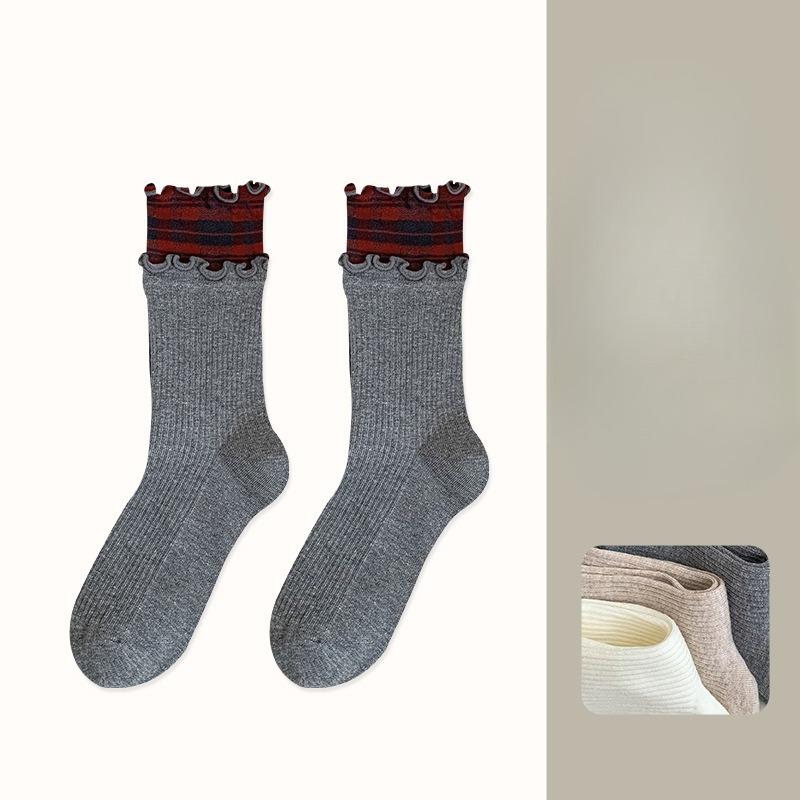 Autumn and Winter Women's Mid-calf Socks, Black Ear Edge Socks, Trendy and Casual Checkered Patchwork Boneless Cotton Socks