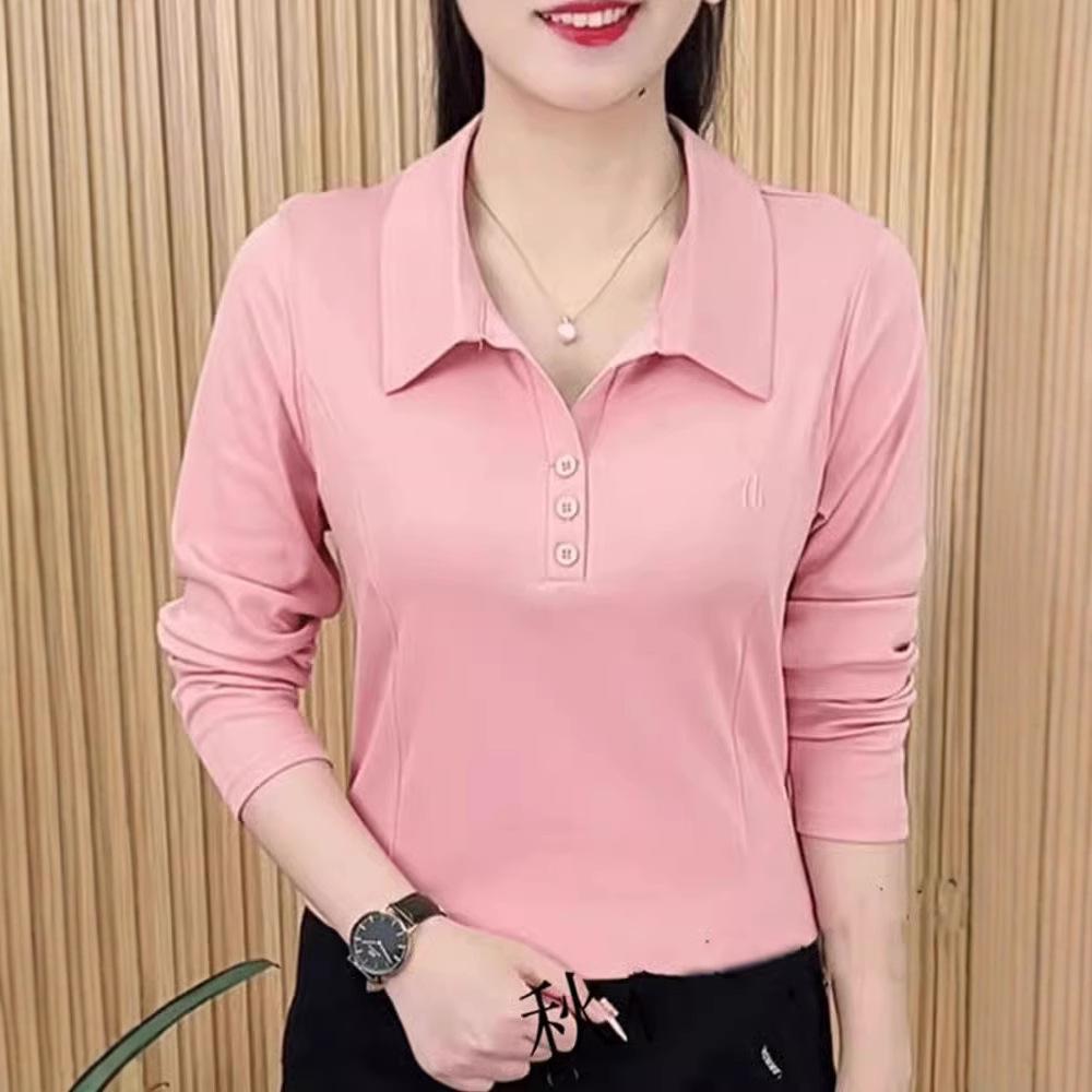 

Новая мода весна/осень 2025 однотонная футболка с лацканами и длинными рукавами, женский вышитый приталенный базовый топ 5XL розовый