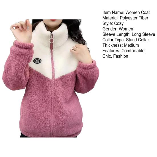 Women's Fuzzy Fleece Jacket Zip Up Stand Collar Sherpa Coat Fall