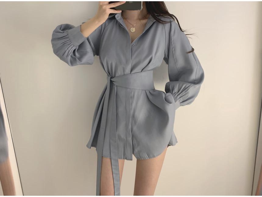 French-Inspired Lantern Sleeve White Shirt Dress for Women - Waist-Cinching, Mid-Length, Perfect for Spring and Autumn.