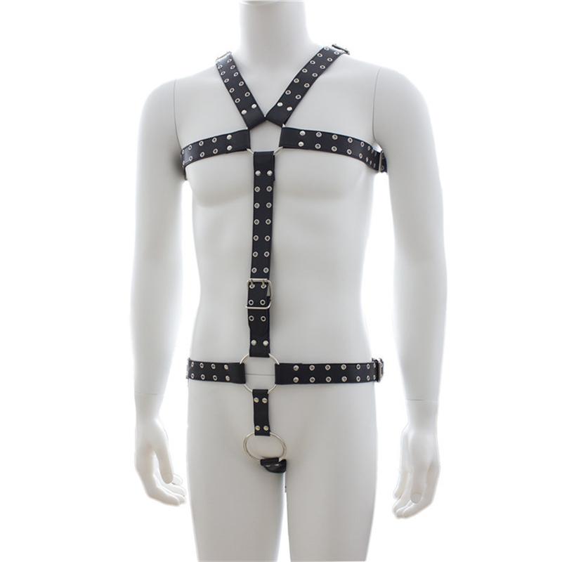 Fetish Men Leather Chastity Pants Male Body Bondage Harness Cage Erotic Pole Dance Jumpsuits Sexy Sissy Pouch Pants for BDSM Gay