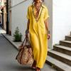 Sommer Baumwoll-Leinen Maxikleid für Damen Lässig V-Ausschnitt Kurzarm Fließendes Strand-Sonnenkleid Bestickte Tunika Langes Kleid mit Tasche