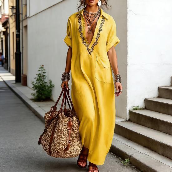Sommer Baumwoll-Leinen Maxikleid für Damen Lässig V-Ausschnitt Kurzarm Fließendes Strand-Sonnenkleid Bestickte Tunika Langes Kleid mit Tasche