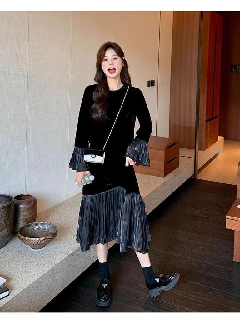 Golden Velvet Dress Women Autumn New Style Round Neck Fitted Waist Slimming Patchwork Mesh Long Sleeve Fishtail Dress