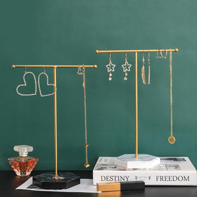 Marbled T-Shape Jewelry Rack Metal Necklace Holder Jewelry Tree Bracelet Display Stand Organizer with Hex Base