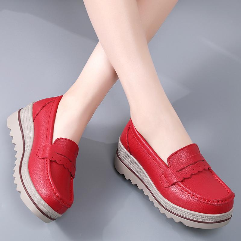 Ladies Platform Loafers Casual Elegant Black Red Grey Blue Leather Women Elevator Thick Sole Shake Shoe Plus Size