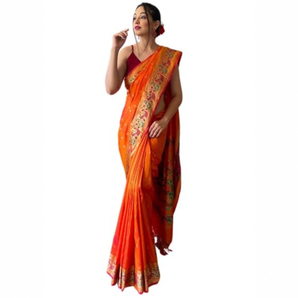 SGF11 Womens Paithani Soft Lichi Silk Kanjivaram Sarees With Blouse Piece (Orange) Free Size оранжевый