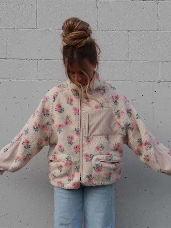 Autumn/Winter Stand Collar Shearling Print Jacket Versatile Oversized Casual Zip-Up Hoodie