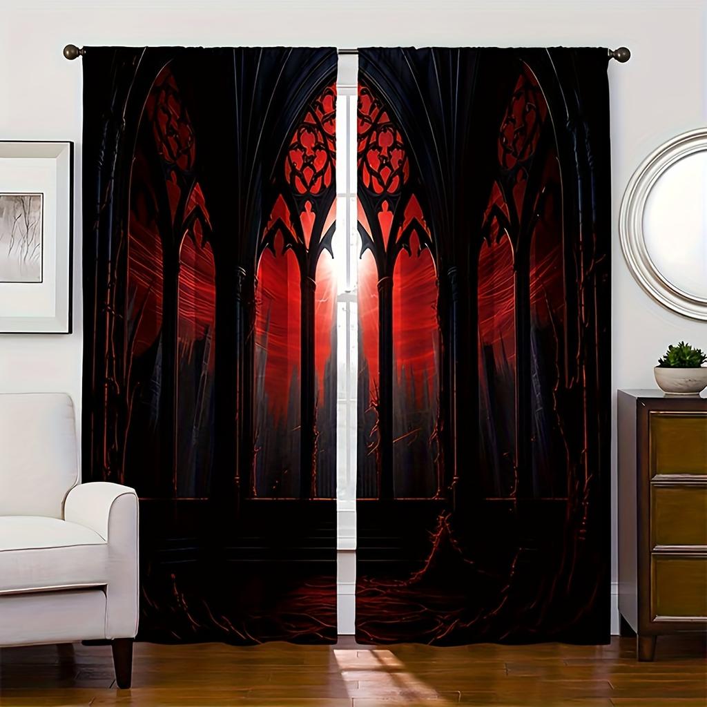 2pcs New Fashion Curtain Retro Dusk Window View Digital Print Rod Pocket Curtain Home Decoration Living Room Decoration Suitab
