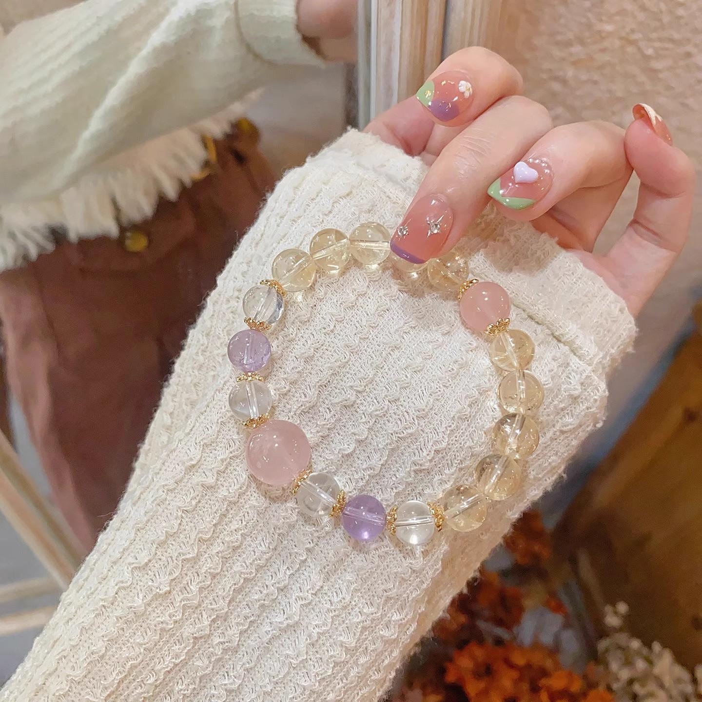 

Natural Rose Quartz Bracelet for Attracting Love, Blue Needle Amethyst, Aquamarine, Citrine, Wealth and Luck Attracting Bracelet, Niche Product Mo Fen+Blue Needle+Purple