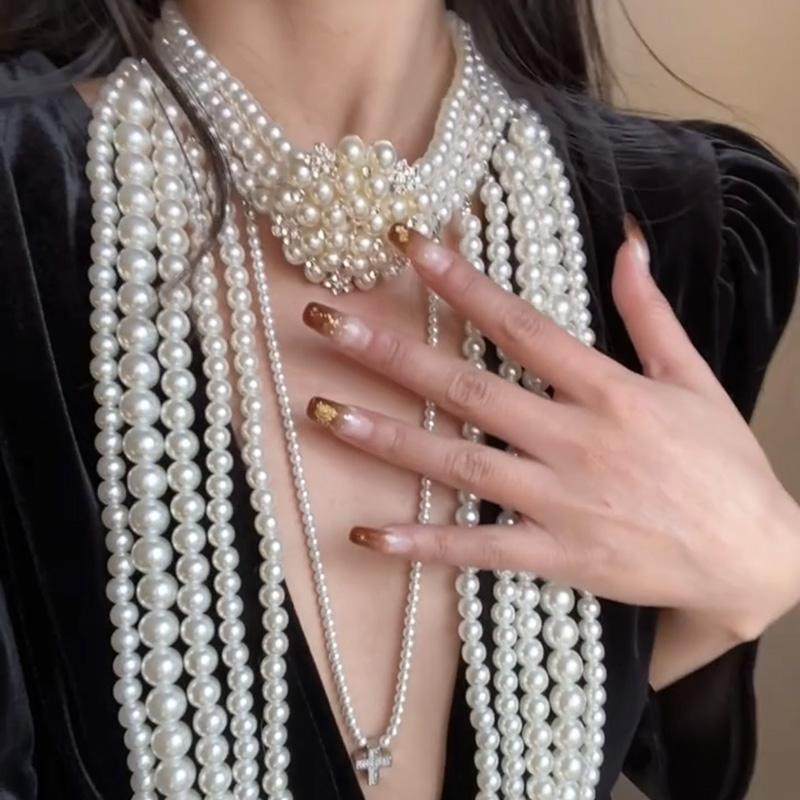 European and American diamond-set geometric multi-layer pearl necklace women's exaggerated sweater chain necklace
