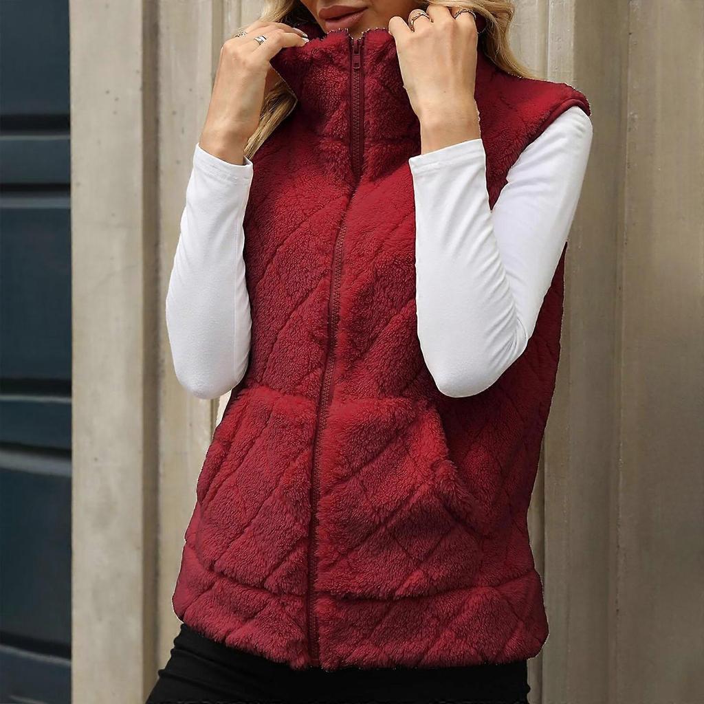 Women's Winter Fleece Vest Soft Zipper Vest Fashion Lightweight Vest Outdoor Vest with Pockets Red XL