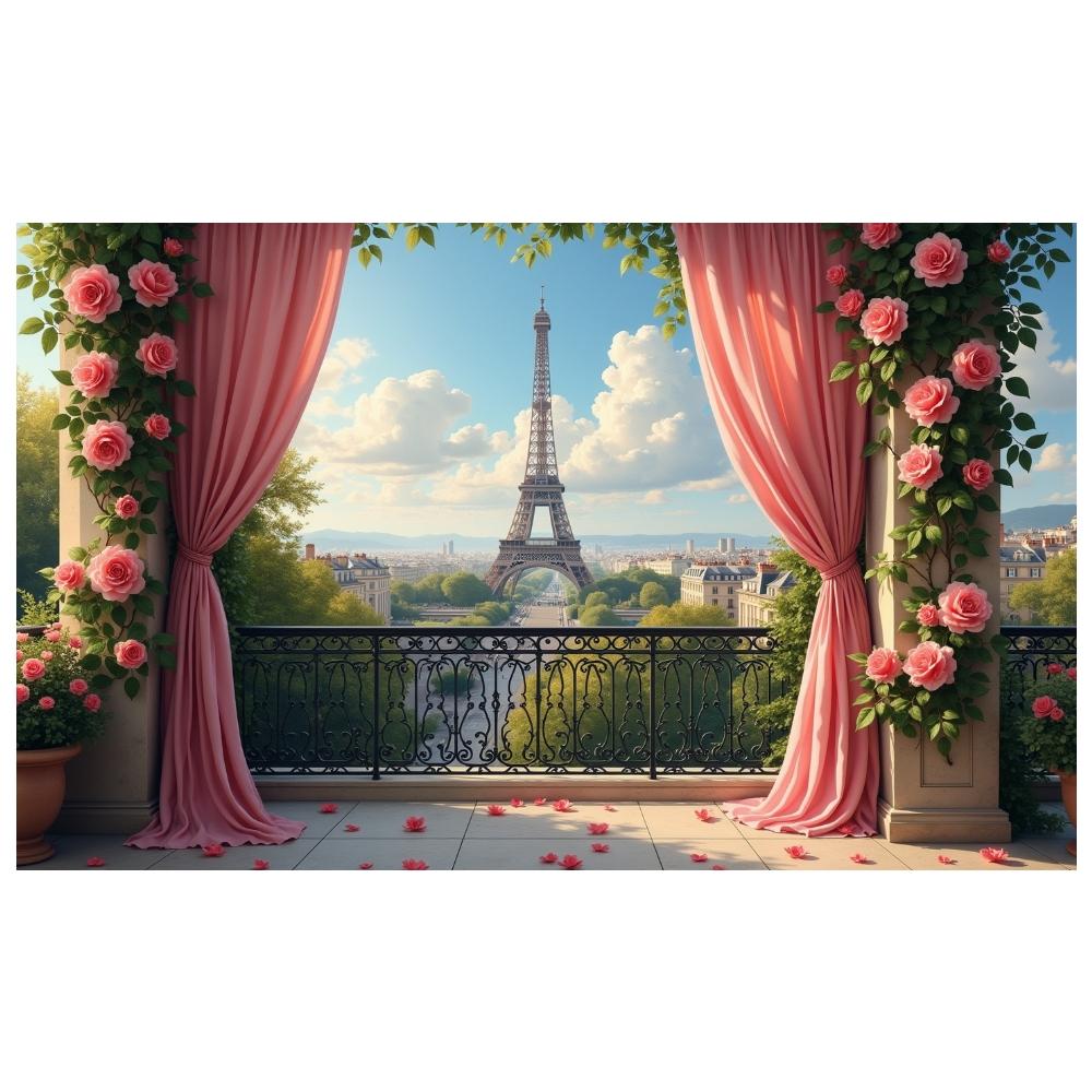 Romantic Rose Banner Balcony Scene Paris Landscape Backdrop Floral Decor Banner Green Vine Eiffel Tower Backdrop For Wedding