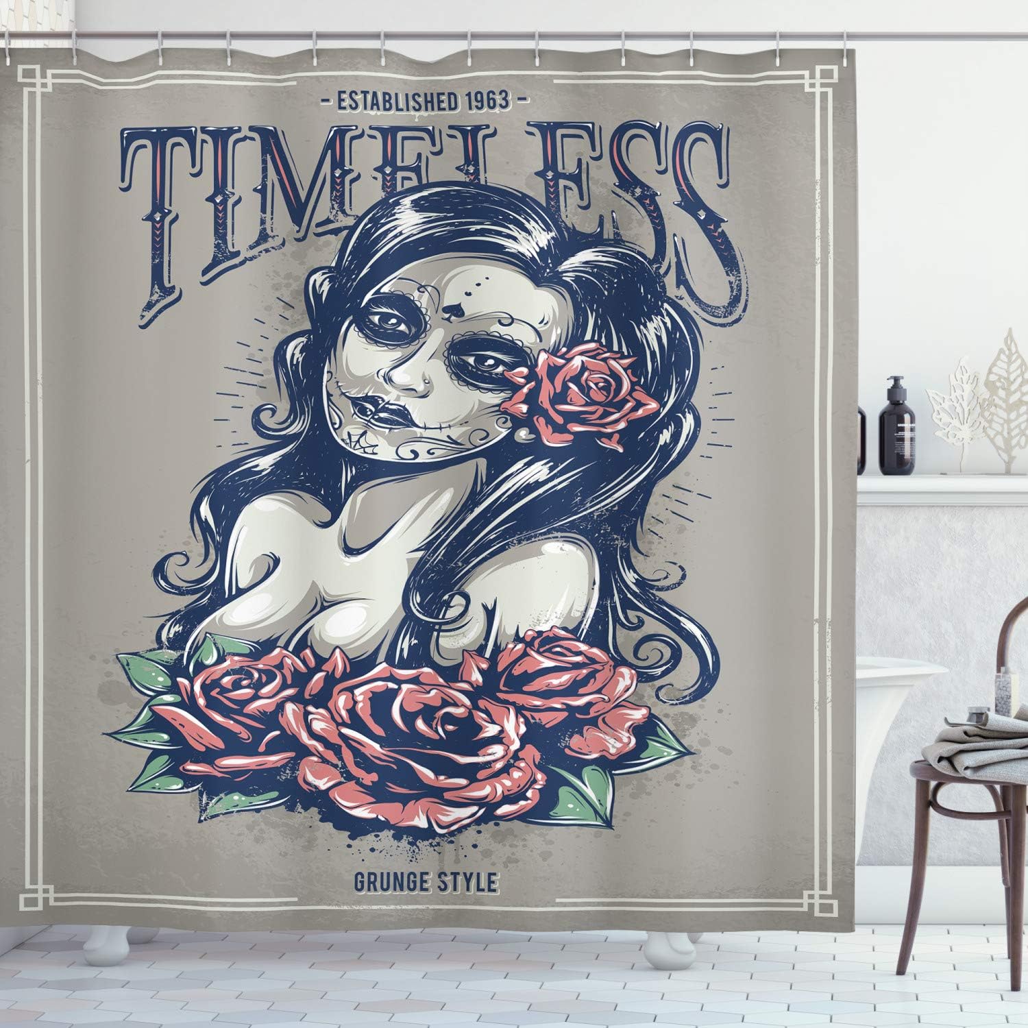 

Шторка для душа с черепом Девушка Дня Мертвых с розами и татуировками Готический арт-принт Декор в винтажном стиле с крючками 90x180cm35x71in