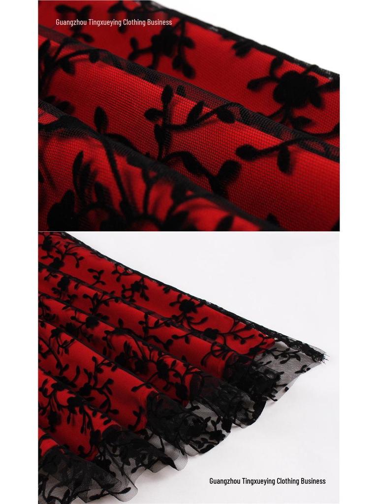 Women's Christmas Mesh Embroidered Midi Dress with Waist-Cinching and Sleeveless Design