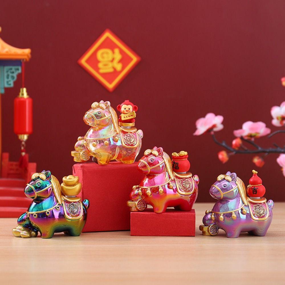 Kawaii Cute Pony Ornament Horse Mascot Resin Cartoon Horse Statue Chinese style Desktop Ornament Zodiac Horse Figurines