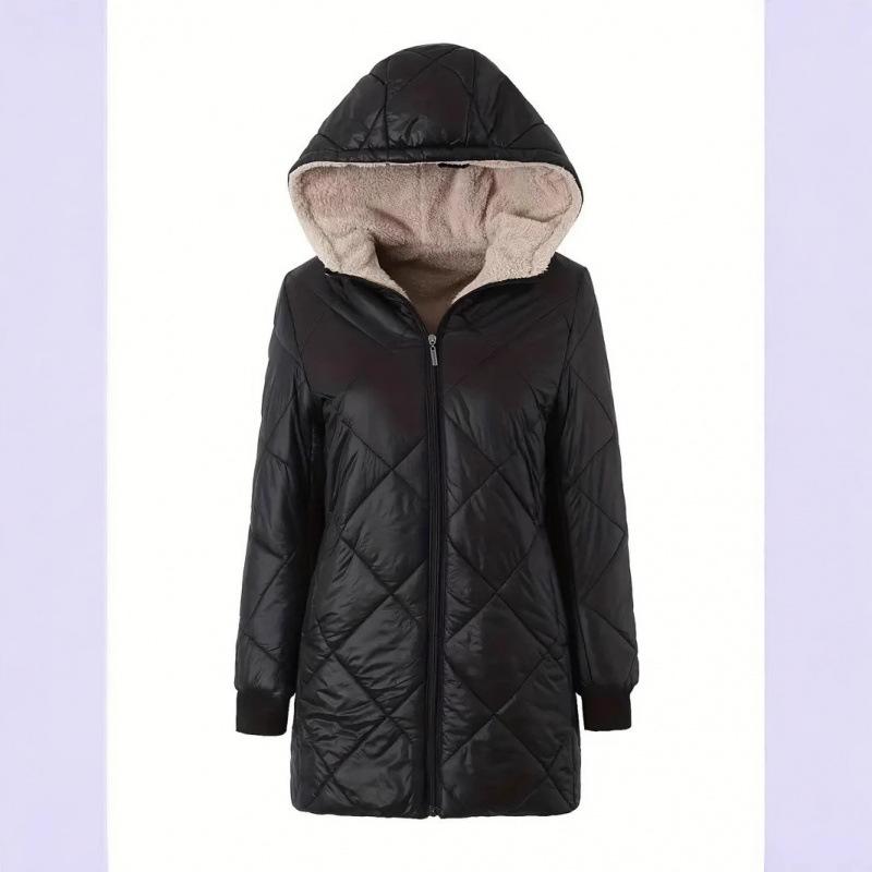 Autumn and winter new, women, loose and plush, hooded, medium to long length, cotton coat, long sleeved jacket, diamond grid, quilted cotton jacket