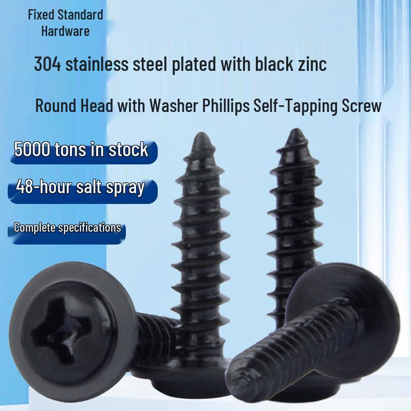 

304 Stainless Steel Black Zinc-Plated Phillips Round Head Self-Tapping Screws with Washer, M2-M6 M2*3