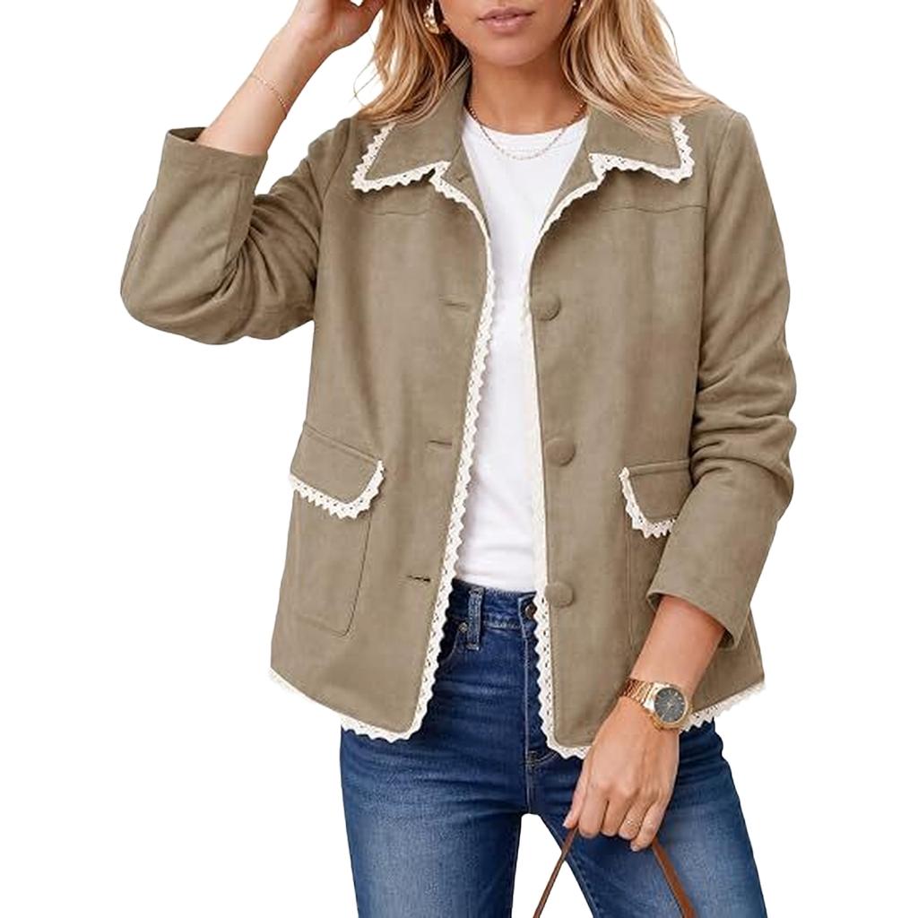 Women's Casual Long Sleeve Button Lapel Jacket with Pockets