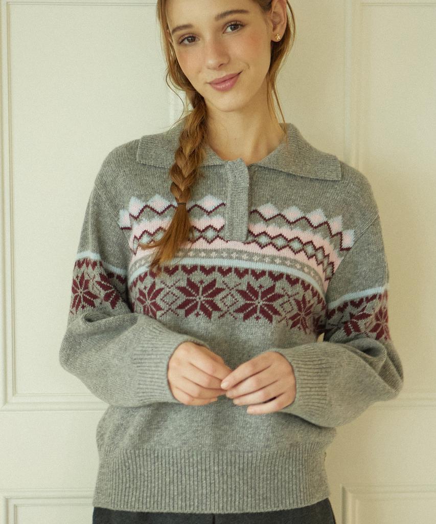 NONLOCAL Snowflake Jacquard Collar Wool Knit - Gray