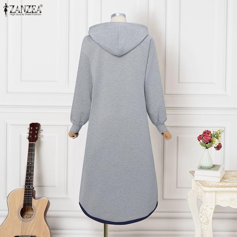 ZANZEA Herbst Damen Langarm Freizeit Dünn Mit Kapuze Pullover Langes Kleid