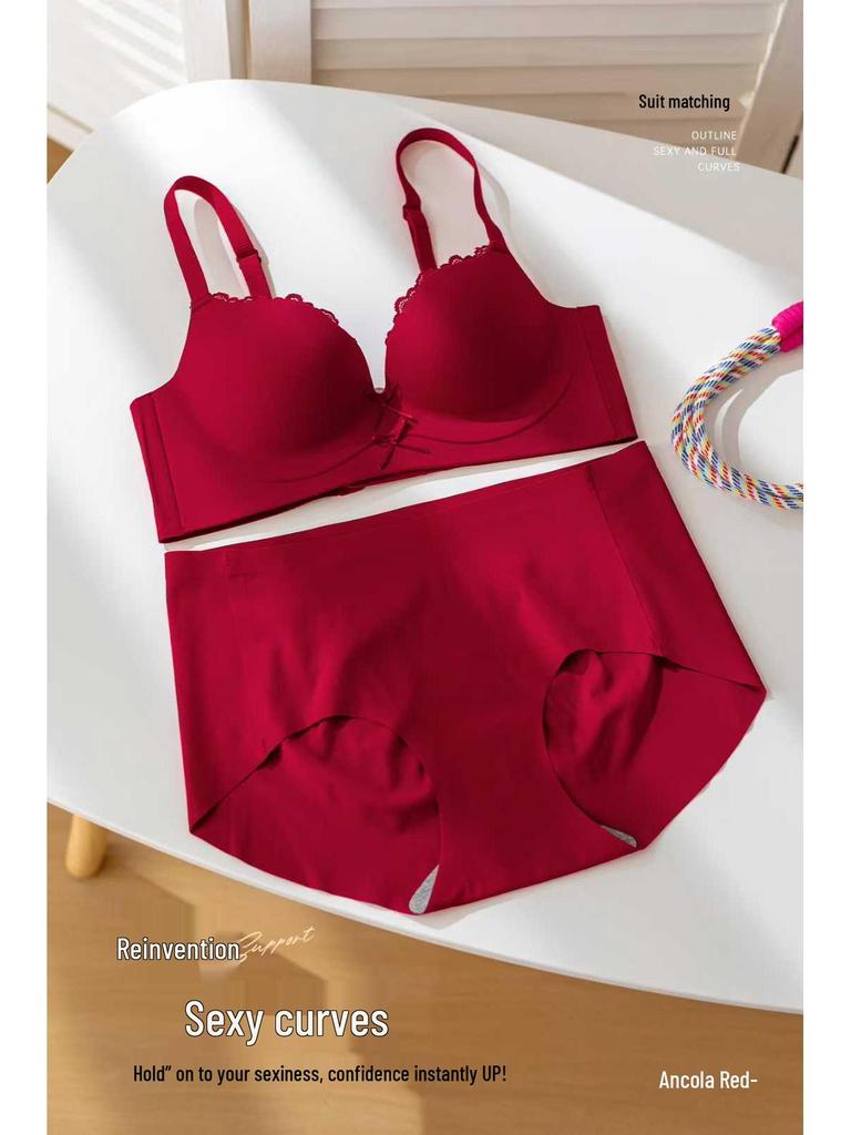 Red Series Seamless Push-Up Bra Set for Women - Side Support, No Underwire, Sexy Thin Hollow Out Design