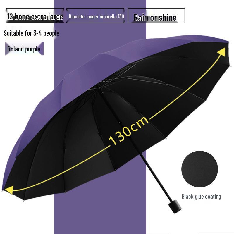 12-Rib Extra Large Folding Umbrella for Rain and Sun - Reinforced, Thick, Three-Person Capacity