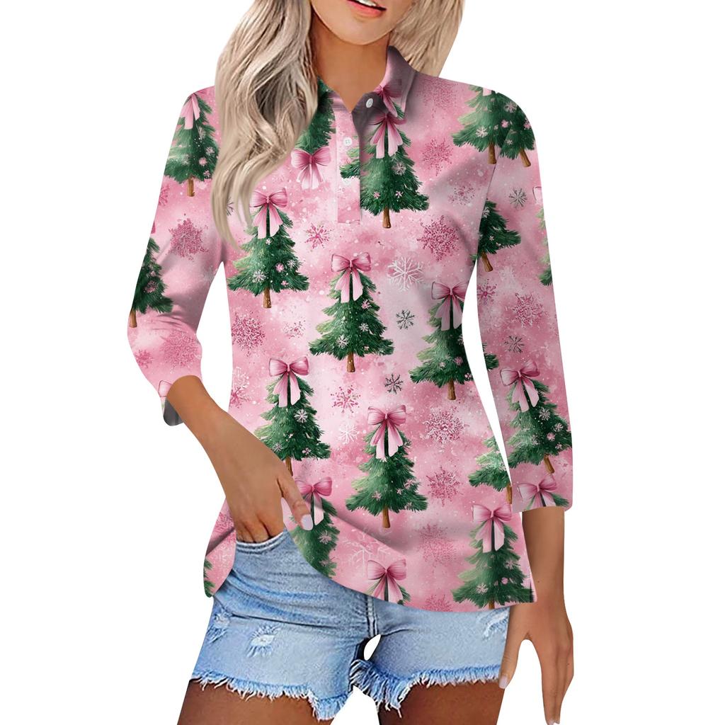 Women's Fashion Casual Lapel Short 3/4 Sleeve Christmas Print Shirt Women's Button Up Tops