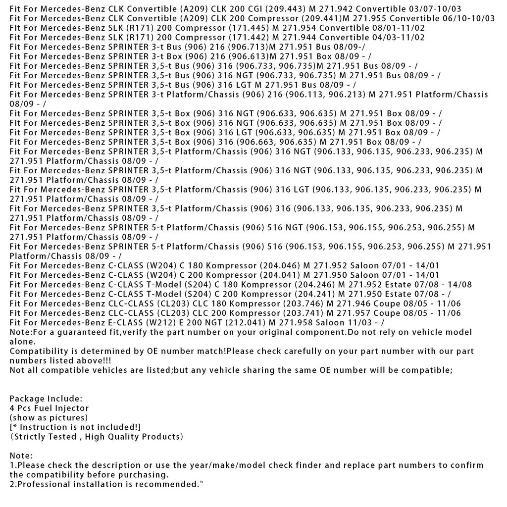 4Pcs Fuel Injector For Mercedes C E CLC CLK SLK SLC Sprinter M271 A2710780549