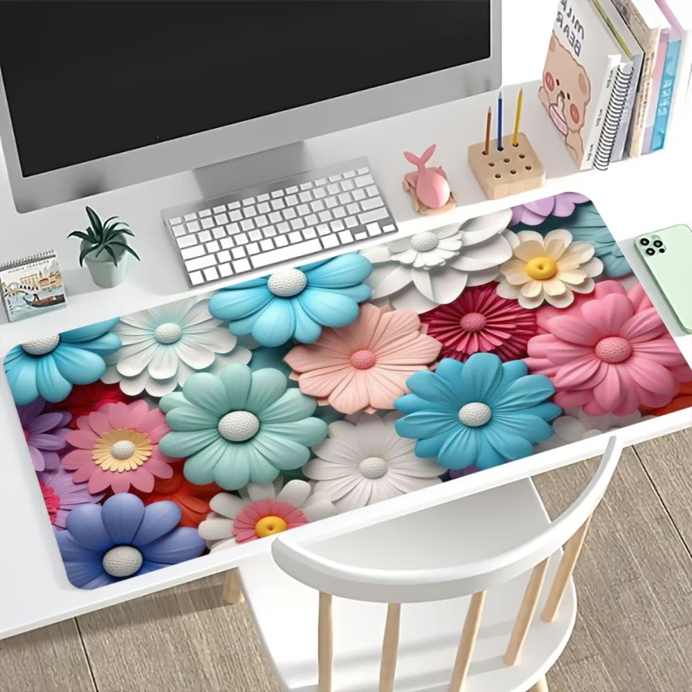 Pastel Flower Large Desk Mat Non Slip Gaming Mouse Pad Stitched Edge Colorful Floral Keyboard Mat For Pc Laptop Office Desktop